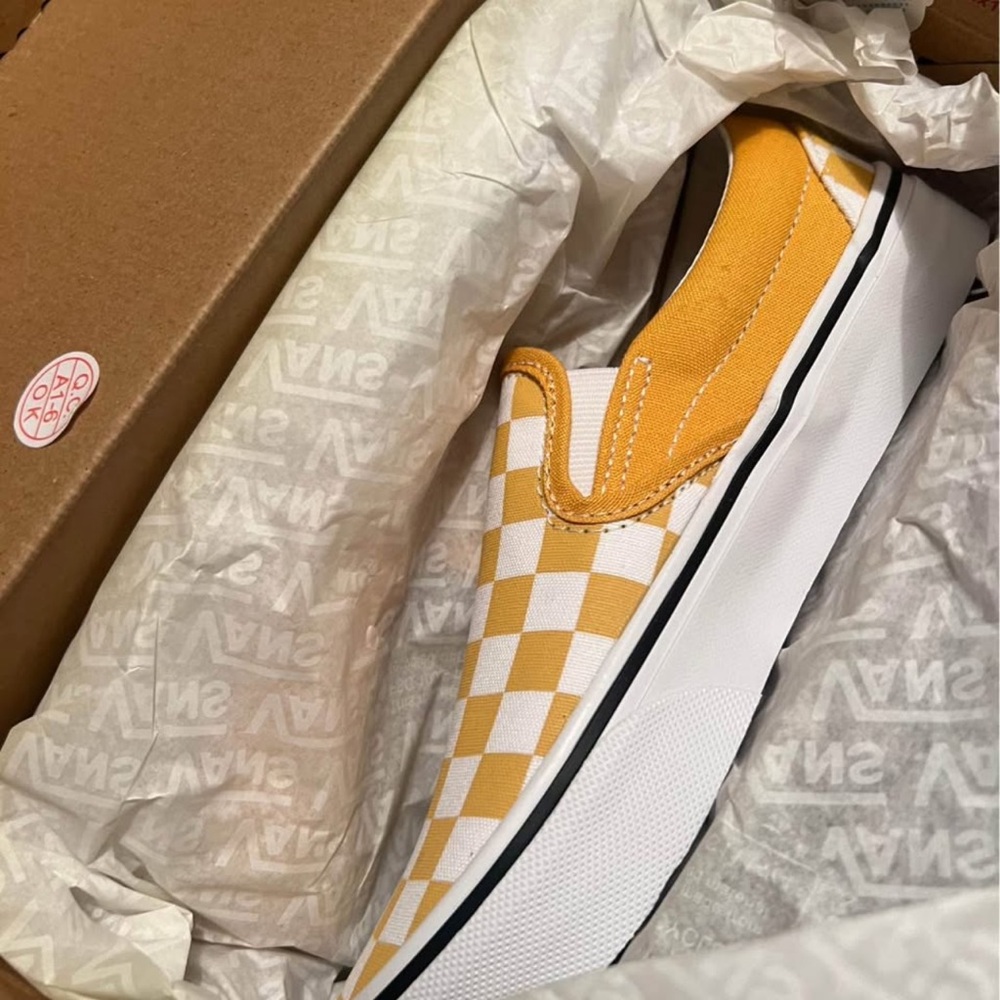 Vans Womens Yellow and White Checkered Slip-On Sneakers